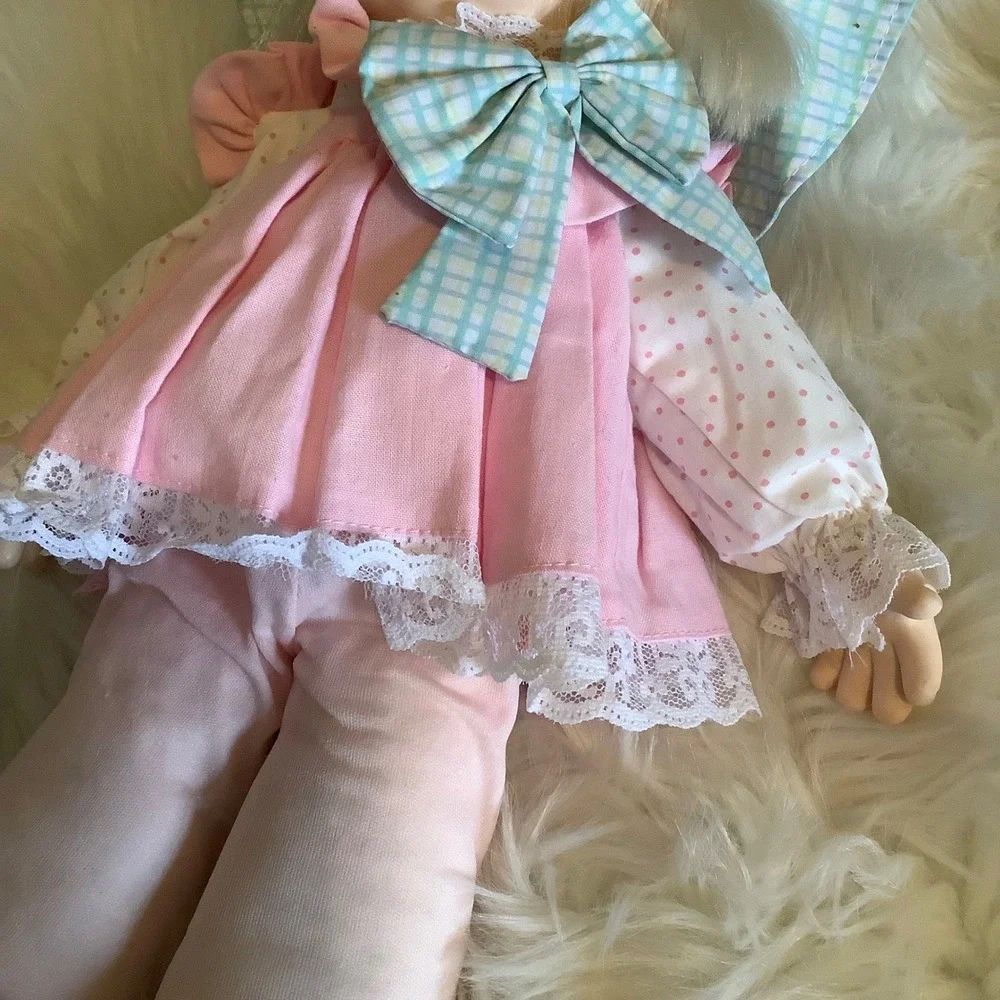Vintage Precious Moments Soft Body‎ Doll Pink Dress Gingham Hat 16 inch PMC Inc